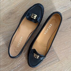 Escada Black Leather Flats with Gold Accent